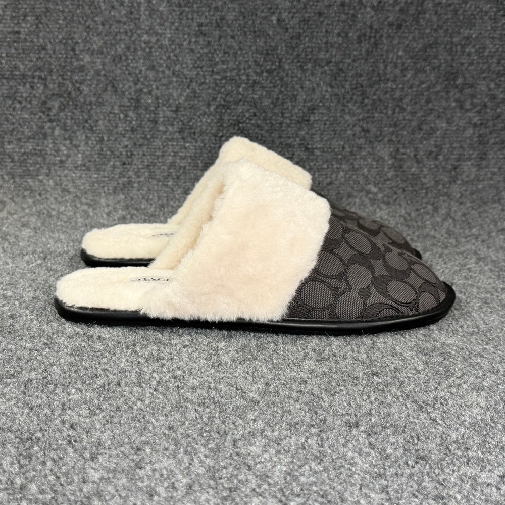 Coach Zena Mule Slippers Women's 8 Black Jacquard Signature Shearling House Shoe